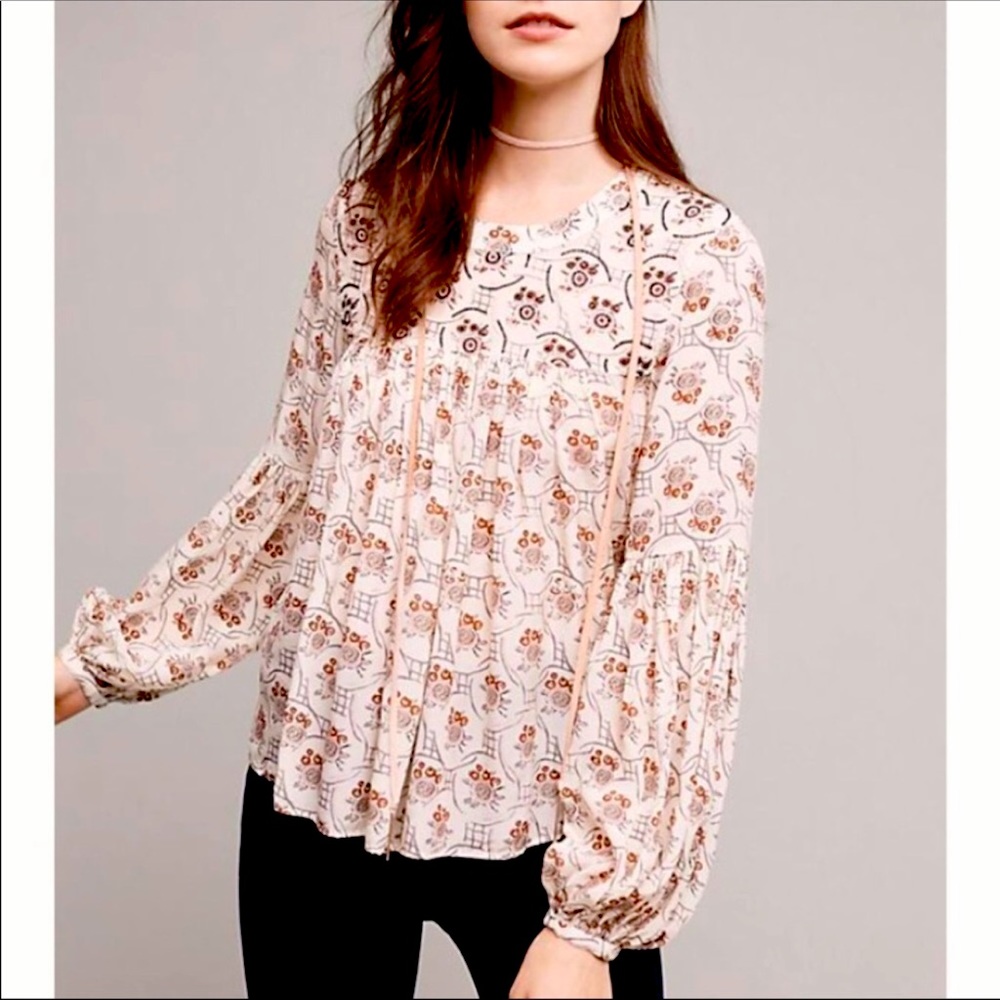 Anthropologie Floreat Long Sleeve Beaded Pleated Peasant Blouse Boho Size 4